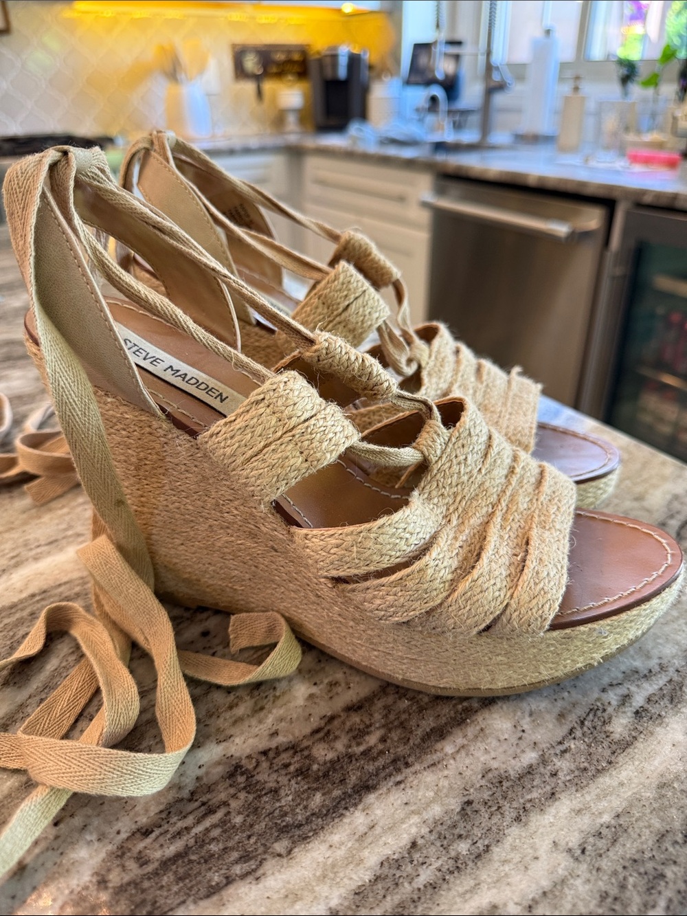 Steve Madden Natural/Tan Espadrille Wedge Sandals with Wrap Ties
